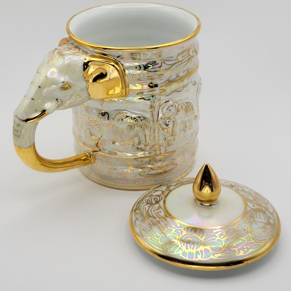Vintage Benjarong Porcelain Tea Coffee Cup Elephant Handle Gold Gild Trim - Picture 4 of 11